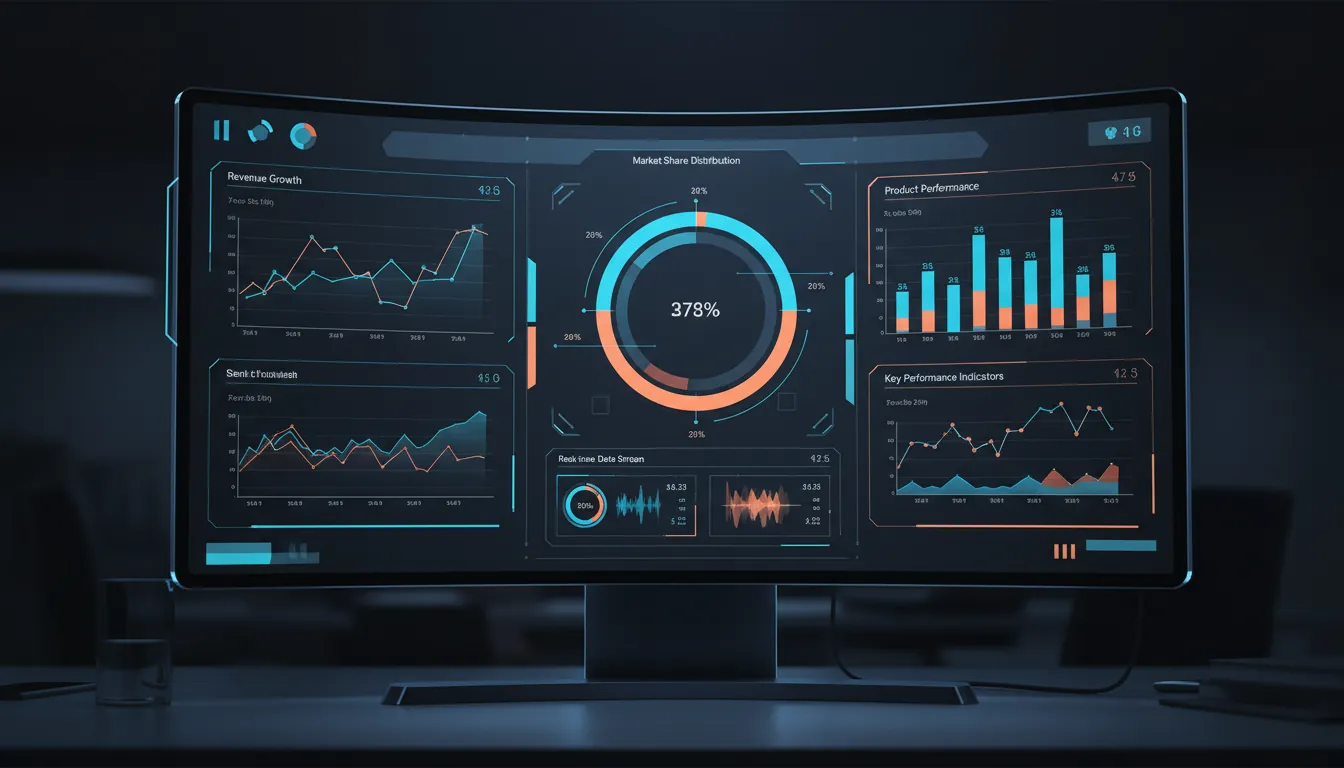 Painel com gráficos de receita, participação de mercado e indicadores de performance